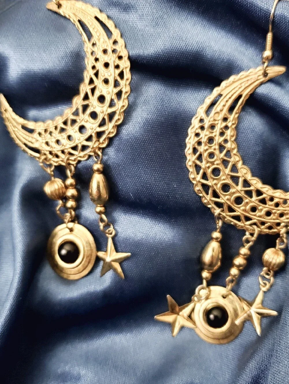 BoHo Gold-Tone Crescent Moon Dangle Earring with Star and Bead Charms